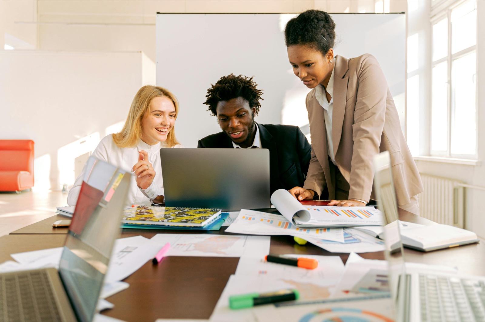 Team collaborating in a bright office